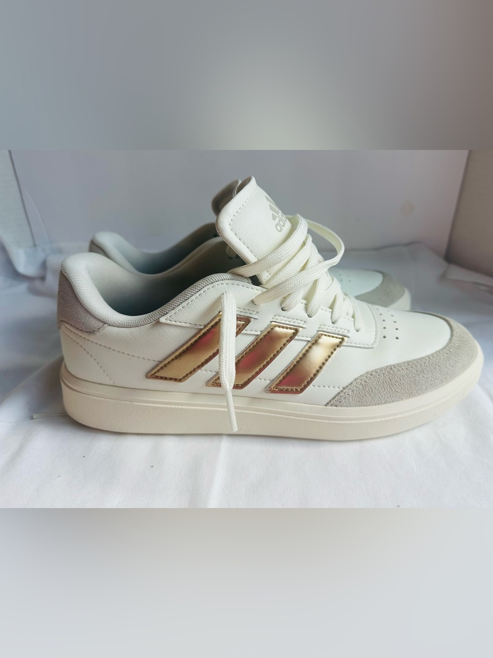 Adidas Courtblock Metallic Lace Up Sneakers in "Cloud White / Metallic Gold"